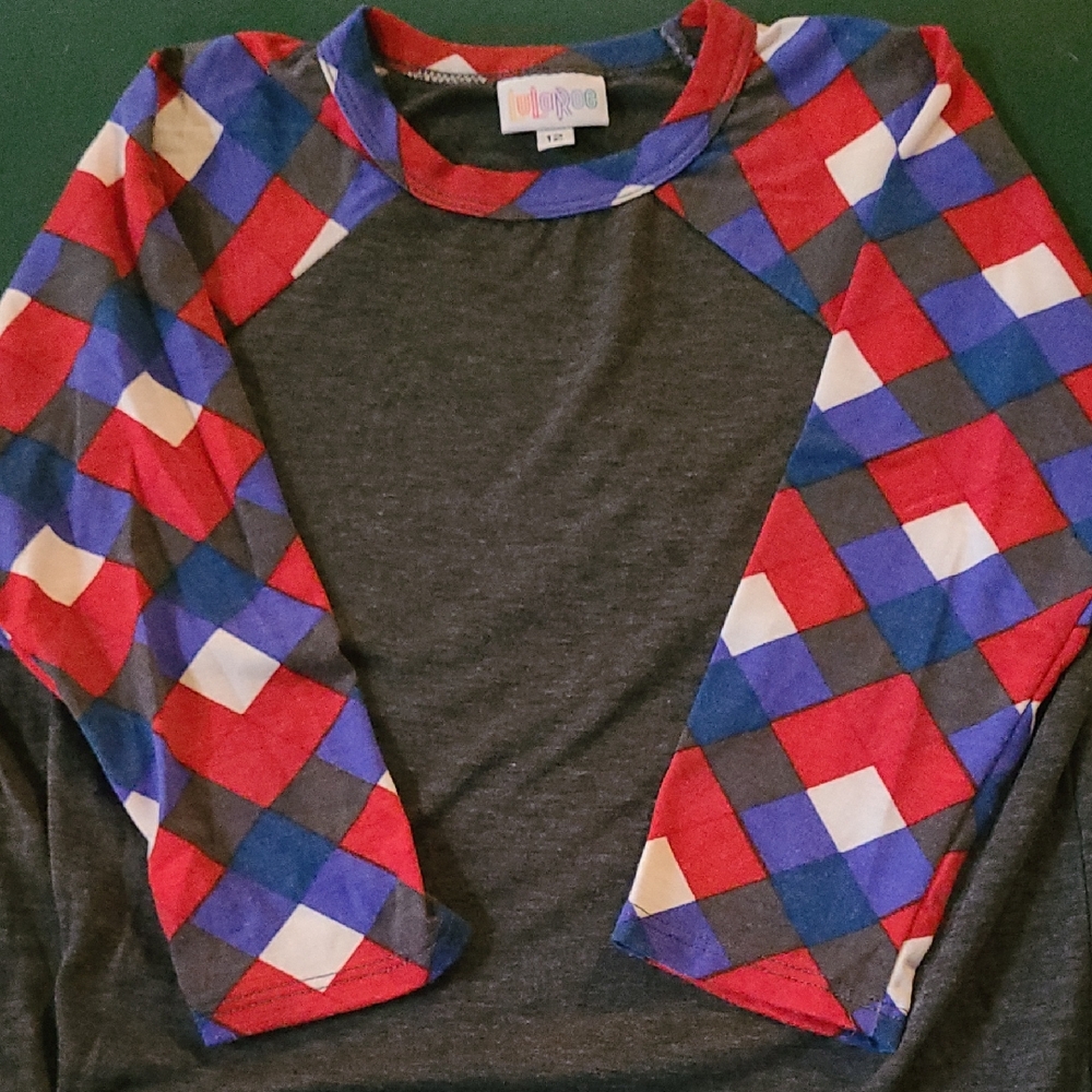 LuLaRoe Red and Blue Long Sleeve Tee with Modern Geometric Design